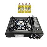 Portable Gas Cooker Stove + 4 Butane Gas Bottles Canisters - For Outdoor Camping, Fishing, Caravan & BBQ | Premium Burner, Automatic Ignition & Heater Control, EN417 Compliant - Black Grill With Case