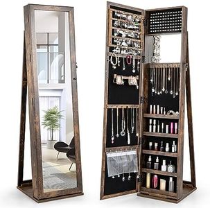 Giantex 2-in-1 Standing Jewelry Armoire w/Higher Full Length Mirror, Lockable Jewelry Cabinet Organizer w/Large Storage Capacity, Inside Makeup Mirror, Stable Base, Easy Assembly (Brown)