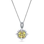 BERRICLE Rhodium Plated Sterling Silver Canary Yellow Cushion Cut Cubic Zirconia CZ Halo Flower Anniversary Wedding Pendant Necklace