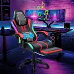 HOFFREE LED Gaming Chair Massage with Speakers Game Chair Big and Tall with Footrest Gamer Chair for 400lbs Computer Desk Chair for Adults Red and Black