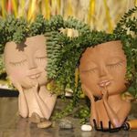 Wishbot Two Face Flower Pot Head Planter Pot Succulent Planter Cute Resin Cactus Planter with Drainage Hole Closed Eyes for Indoor Outdoor Succulents Plants, Modern Human Art Vase(7" Brown)