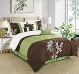 Chezmoi Collection Bengal 7-Piece Bamboo Embroidered Comforter Set Queen Size - Sage Green Brown Ivory Bamboo Grass Microfiber Comforter Bedding