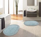 Set of 2Pc Cotton Luxury Reversible Bath Rug Ultra Absorbent Machine Washable Oval Bath Mat for Bathrooms/Showers 17"x24" + 21"x34" Aqua