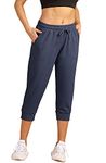 icyzone Women's Capri Sweatpants Casual Workout Cropped Joggers Pants (L, Navy)