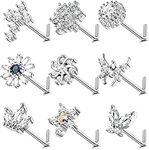 Ubjuliwa 9Pcs 20G Stainless Steel Nose Rings L Shape Bone Screw Nose Studs for Women Men Cubic Zirconia Moon Star Flower Butterfly Nose Piercing Jewelry, Crystal, cubic-zirconia