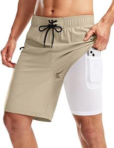 Pinkbomb Men's Swim Trunks with Compression Liner 9 Inch Quick Dry Swimsuit Swimming Board Shorts for Men with Pockets (Khaki, M)