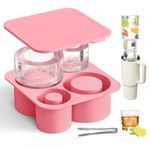 PKBD Ice Cube Tray Mold with Lid for Stanley Cup 14-40Oz Tumbler, Hollow Cylinder Silicone Freezer Ice Moulds for Chilling Cocktails, Whiskey, Drinks, Coffee, Includes Stainless Steel Clip, Pink