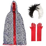 Kids Dalmatian Girl Fancy Dress, Deluxe Black & White Dog Lady Costume, Children’s Wig, Spotty Dalmatian Cape and Red Gloves, Easy Halloween Costume for Girls & Boys, Ages 6-12 Years