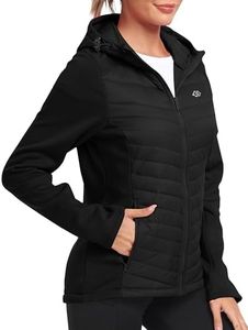 MoFiz Womens Fleece Lined Softshell Jacket Hooded Windproof Lightweight Insulated Puffer Hybrid Down Jacket Full Zip Running Coat Black S