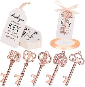 Whaline 50 Pcs Key Bottle Opener Bulk Assorted Rose Gold Vintage Skeleton Keys with White Tag Cards, 25 Yard Rose Gold Ribbon for Guests Wedding Favor Bridal Baby Shower Bachelorette Party Supplies