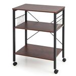 TANGZON 3-Tier Kitchen Baker's Rack on Lockable Wheels, Metal Frame Rolling Kitchen Storage Cart with 5/10 S-Hooks, Utility Shelves Unit for Home Dining Living Room (2 Adjustable Shelves, Sandy Brown)