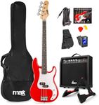 MAX GigKit Electric Bass Guitar Pack in Red for Beginners - Complete Starter Kit with Guitar, Amplifier, and Accessories, Beginner Bass Guitar, Learner Bass Guitar, Bass Guitar Starter Pack