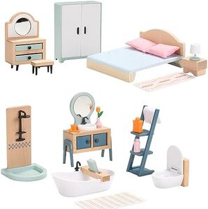Ensemble de Meubles de Maison de Poupée en Bois et en Plastique, Ensemble de Salle de Bain et de Chambre à Coucher, 24 PCS Accessoires de Maison de Poupée, Meubles de Jeu, Jouets pour Garçons, Filles
