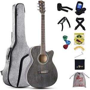 Winzz 3/4 Acoustic Guitar, Beginners Guitar for Kids and Adults, Folk Guitar Black-grey 36 Inches with Steel-string