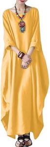 Celmia Kaftan Dresses for Women 3/4 Sleeve Cotton Caftans Linen Dress with Pockets Bright Yellow XX-Large