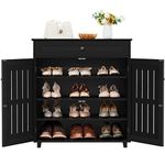 Yaheetech Shoe Cabinet, Wooden Shoe Storage Cabinet Organizer with 1 Drawer & 2 Doors, Modern 4-Tier Shoe Rack with Adjustable Shelves for Living Room, Hallway, Bedroom, Black