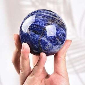 AMOYSTONE Blue Sodalite Decorative Ball 2.8-3.2" with Wood Stand – Large Healing Sphere for Reiki, Feng Shui