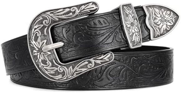 JASGOOD Women Leather Belts Ladies Vintage Western Belt Cowboy Cowgirl Country Belt Design Black Waist Belts for Pants Jeans Dresses With Floral Carved Design