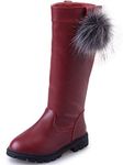 PPXID Toddler Little Big Girls Back Zip Pom Pom Knee High Riding Boots Waterproof Snow Boots-Dark Red 10 US Size