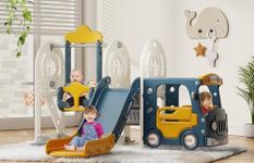 BIERUM 5 in 1 Toddler Slide and Swing Set, Kid Slide for Toddlers Age 1-3, Bus Themed Baby Slide with Basketball Hoop, Indoor Outdoor Slide Toddler Playset Toddler Playground Blue Yellow
