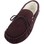 SNUGRUGS Mens Suede Sheepskin Moccasin Slippers with Wool Lining and Soft Sole - Dark Brown - 9 US