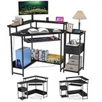 Black Corner Desk with Side Table and Drawer, Gaming Desk with Power Outlet, Computer Desk with Keyboard Tray and Monitor Shelf, Home Office Desk with Storage Shelves