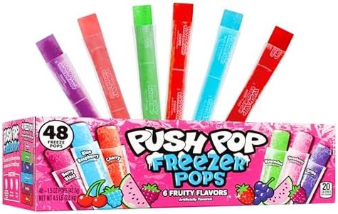 Push Pop Freezer Pops - Ice Popsicles Individually Wrapped Variety Pack - 6 Classic Fruity Flavors - Fun Colored Ice Pops for Party Favors, Bulk Snacks for Kids & Frozen Treat for Parties, (48 Count)