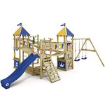 WICKEY Wooden climbing frame Smart Queen with swing set, blue-yellow tarp & blue slide, Outdoor kids playhouse with sandpit, climbing ladder & play-accessories for the garden