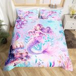 Mermaid Girl Twin Bedding Sets for Girls,Cute Starfish Octopus Sealife Comforter Cover Kids Bedroom Decor,Dreamy Underwater World Quilt Cover,Purple Mermaid Tail Blanket Bedding,Girl Gifts