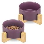 Navaris Ceramic Elevated Cat Bowls - Raised Double Food and Water Bowl Set for Cats and Small Dogs with Wood Stands - Pet Bowls - S, Violet