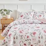 FlySheep Botanical Quilt Set Full Queen Size 3 Pieces, Pink and Grey Flowers Printed Elegant Floral Summer Bedding Set, Soft Microfiber Lightweight Bedspread/Coverlet for All Season - 92"x90"