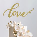 Trimming Shop Love Cake Topper, Double Sided Glitter Card Cake Topper with the Word "Love" Wedding Cake Toppers for Valentine's Day, Anniversary, Engagement Party Cake Decoration Supplies, Light Gold