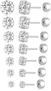 Tornito 7 Pairs 20G Threadless Flat Back Earrings Stud Stainless Steel Round CZ Stud Earrings Set Cartilage Earring Tragus Helix Push in Earring Piercing Jewelry For Men Women 2MM-8MM Silver Tone,