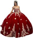 Youjiayi Burgundy Off Shoulder Sweet 16 Quinceanera Dresses Puffy Velvet Ball Gowns for Women Gorgeous Lace Appliques Prom Dress with Train Size 8