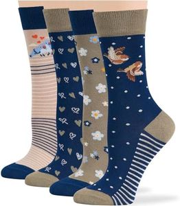 7BIGSTARS KINGDOM Women Viscose From Bamboo Fashion Socks - 4 Pack Medium - Heart, Love Birds, Stripe, Camomile - Casual Crew Seamless, Navy Blue, Khaki, Beige Sock Size 9-11 Shoe Size 5-9 M