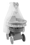 Wicker Wheel Stand Moses Basket Baby Bassinet Crib with Full Cotton Bedding Sets Liner Cover Mattress Canopy - Grey/Small White Stars On Grey