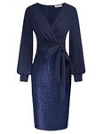 GRACE KARIN Womens Formal Cocktail Party Sequin Dress V-Neck Long Sleeve Evening Dress Going Out Navy Blue M