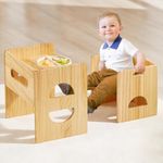 FUNLIO Height Adjustable Montessori Table and Chair Set for Age 1-3, Solid Wood Toddler Table and Chair Set, Easy to Assemble, Weaning Baby Table Chair Set for Reading/Eating/Playing - Natural