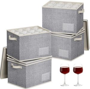 Lifewit 4 Pcs Wine Glass Storage Box with Dividers, Stackable Cationic Hard Shell Stemware Organizer with 48 Cells, Foldable Dustproof China Containers for Moving, Light Grey