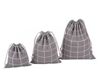 Amoyie Fabric Storage Bag with Drawstring 3 pcs, Pouch for Little Accessories - Grey Tartan