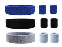 SUSU BLOCK 9 Pieces Sweatbands Set, Includes 3 Pieces Sports Headband and 6 Pieces Cotton Wristbands (Blue+Grey+Black) for Men and Women Athletic Bands for Basketball, Tennis, Working Out