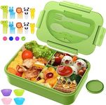 Lunch Box Kids, Bento Box, 1350ML Bento Lunch Box for Kids, Lunch Containers with 5 Compartments Utensils Food Picks Cake Cups, Leak-proof Bento Box Adult Lunch Box for Boys Girls Toddler, Green