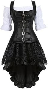 Hengzhifeng Steampunk Corset Carnival Costumes Womens Shoulder Strap Bustiers with Skirt and Pirate Blouse Set (AU 4-6,Black)