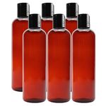 Cornucopia Brands 8oz Empty Plastic Bottles with Disc Top Flip Cap (6 pack); BPA-Free Containers For Shampoo Lotions Liquid Body Soap Creams (8 ounce Amber Brown)