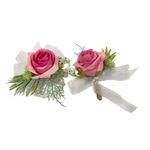 Rikyo Artificial Rose Wrist Corsage Band Bracelet Boutonniere Set,orsage for Prom,Bride Hand Flower,Wedding Flowers Ceremony,Wedding Party Prom Decor,Handmade Petals Hair Hat Wreath (Pink)