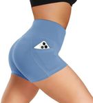 Biker Shorts Women with Pockets - 3"/5"/8" High Waisted Soft Tummy Control Workout Shorts for Yoga Athletic Gym Light Blue