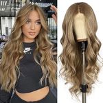 Sapphirewigs Brown Lace Front Wig Synthetic Lace Front Wigs for Women Natural Brown with Ash Blonde Tips Body Wave Heat Resistant Hair Replacement Wigs 26 Inch