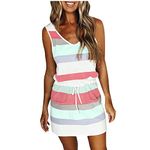 Cybermonday Deals Womens Summer Beach Dress Sleeveless Striped Sundress Drawstring Waist Short Swing Tank Dress Mini Sun Dress with Pocket(Green,Large)