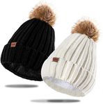 FVXYnnv 2 Pack Women Winter Pompom Hats Black White, Knitted Beanie Hat Snow Skull Ski Cap with Thick Soft Warm Fleece Lined