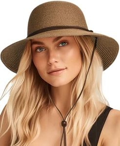 Womens Wide Brim Sun Hat with Wind Lanyard UPF Summer Straw Sun Hats for Women Brown